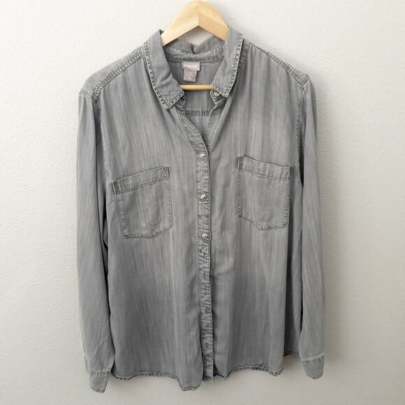 CHICO'S | Chambray Tunic Button Up Gray Tencel Lyocell  Long Sleeve | Size 3, XL - Picture 1 of 6